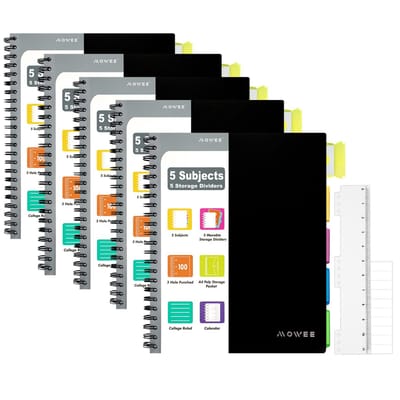 Spiraal Notitieboek - Collegeboek - Studie en Werk - Vijf Gevakken - 5 Tabbladen - Zwart