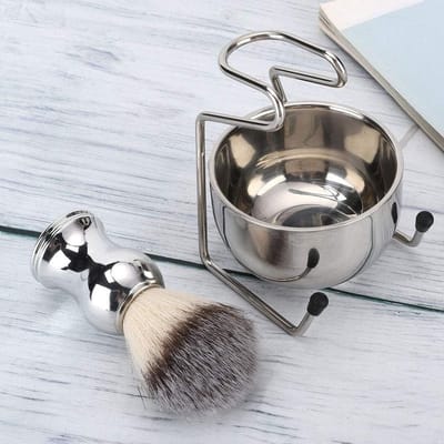 Stijlvol Scheerkwast Set voor Mannen met RVS Scheerkwast, Kom en Stand - Essentiële Scheeraccessoires voor een Perfecte Scheerbeurt