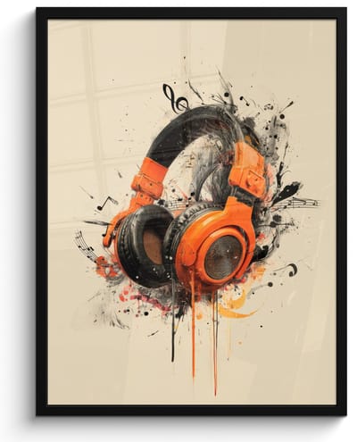 Poster in lijst - Fotolijst 60x80 cm - Posters - Koptelefoon - Oranje - Explosief - Posterlijst zwart - Decoratie - Wanddecoratie woonkamer - Muurdecoratie slaapkamer