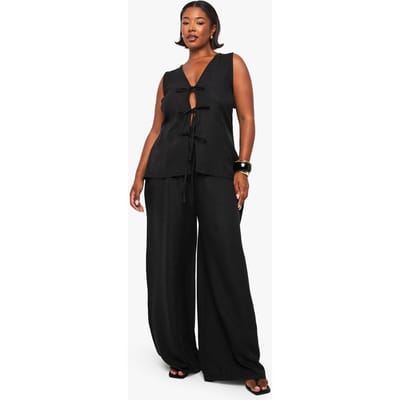 boohoo Dames PLUS linnen-look top met strikknoop aan de voorkant en wijde pijp broek co-ord | Zwart | Maat: 44