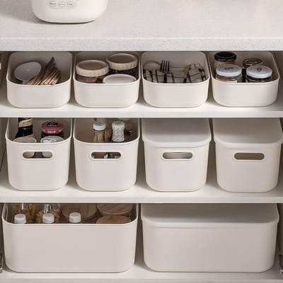 oCreon Set van 6 Kunststof Opbergdozen met 4 Deksel - Met Handvat - Voor Badkamer - Keuken - Kantoor