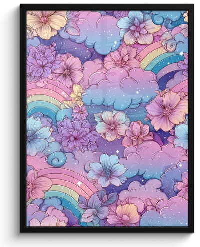Poster in lijst - Fotolijst 60x80 cm - Posters - Regenbogen - Bloemen - Kleurrijk - Wolken - Posterlijst zwart - Decoratie - Wanddecoratie woonkamer - Muurdecoratie slaapkamer