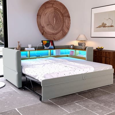 DESMIU Gestoffeerde Slaapbank 90/180x190 cm – Met Ledverlichting En Stopcontacten – Uitschuifbaar Tot Bed Met Opbergvakken – Voor Woonkamer Of Logeerkamer – Flanel – Lichtgrijs – Zonder Matras