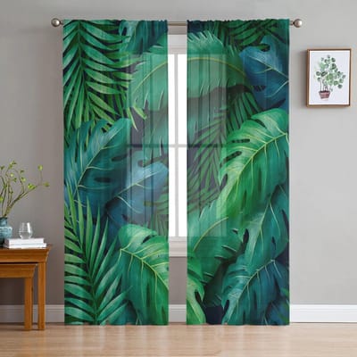 Groene Bladeren Jungle Plant Natuur Modern Tule Gordijnen Voor Woonkamer Transparant Gordijn Slaapkamer Voile Decoratieve Raambekleding 135W x 114H(cm)