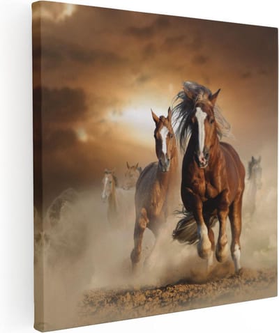 Artaza Canvas Schilderij Paarden - 90x90 cm - Wanddecoratie Dieren - Muurdecoratie Zonsondergang - Schilderijen Op Canvas
