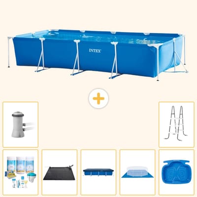 Intex Rechthoekig Frame Zwembad - 450 x 220 x 84 cm - Blauw - Inclusief Onderhoudspakket - Solar Mat - Afdekzeil - Grondzeil - Zwembadfilterpomp - Voetenbad - Ladder - 8-delig