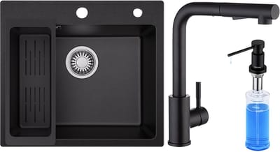 SOFETIY MAX Granieten Spoelbak Zwart / Antraciet (50*45cm) - Spoelbak Keuken Met Keukenkraan en Zeepdispenser 300ML - Spoelbakken Keuken – Wasbak Keuken Met Waterafvoersysteem