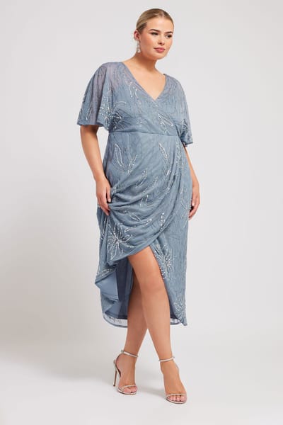 Luxe: Ultimate Embellishment Luxe Midiwikkeljurk Met Pailletten En Kralenversiering In Lichtblauwsize 44