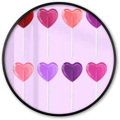 Poster in lijst Rond - Fotolijst 60x60 cm - Posters - Lolly - Hart - Roze - Snoep - Ronde posterlijst zwart - Decoratie - Wanddecoratie woonkamer - Muurdecoratie slaapkamer