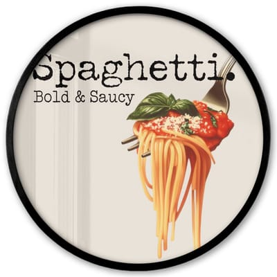 Poster in lijst Rond - Fotolijst 40x40 cm - Posters - Spaghetti - tomatensaus - Parmezaanse kaas - Ronde posterlijst zwart - Decoratie - Wanddecoratie woonkamer - Muurdecoratie slaapkamer