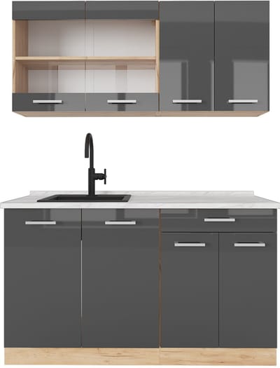 Vicco R-Line Eenpersoonskeuken – 140 cm, WB Marmer Antraciet hoogglans/goud eiken