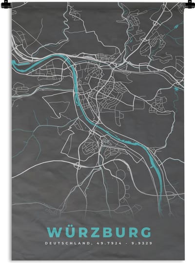 Wandkleed - Wanddoek - Blauw – Duitsland – Plattegrond – Stadskaart – Kaart – Würzburg - 120x180 cm - Wandtapijt