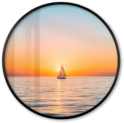 Poster in lijst Rond - Fotolijst 60x60 cm - Posters - Zee - Zeilboot - Zonsondergang - Ronde posterlijst zwart - Decoratie - Wanddecoratie woonkamer - Muurdecoratie slaapkamer