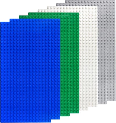 Set van 8 klassieke grondplaten 12,9 x 25,6 cm met 16 x 32 noppen in zand, wit, groen en blauw - rechthoekige basisplaten voor creatieve bouwprojecten en compatibel met de meeste merken