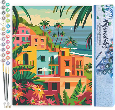 Figured'Art Schilderen op Nummer Volwassenen canvas Marokkaanse kuststad- Handwerk acrylverf Kit DIY Compleet - 40x50cm zonder frame
