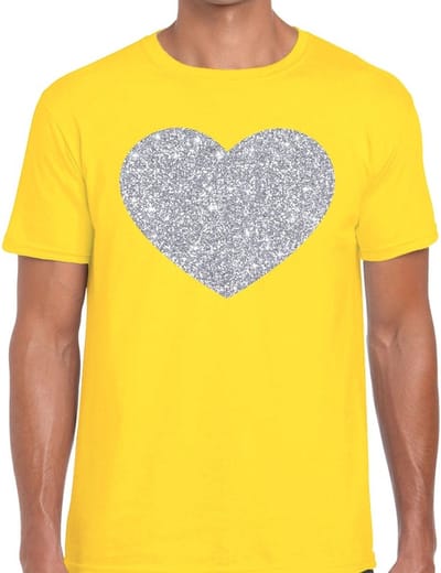 Glitter and Glamour hartje print - in het zilver - t-shirt in het geel - voor heren - Love - Vrijgezellenfeest - Foute Party S