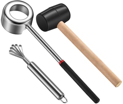 Dailygoods- Kokosnootopener 3-delige set - Rubber hamer met houten handvat - Siliconenmat - Schokbestendig - Roestvrij staal - Voor vers kokosnotensap - Kokosnoot Gereedschap