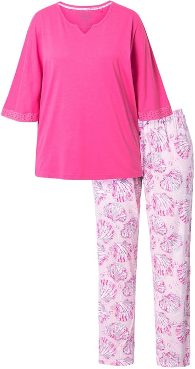 Ulla Popken - Dames - Pyjama mosselen tuniekhalslijn halve mouwen - Roze - Maat 46+