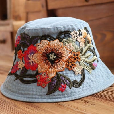 Chapeau Seau pour Dames Broderie Ethnique Quatre Saisons Pare-Soleil Chapeau de Pêcheur Respirant d'Extérieur Décontracté Chapeau Bassin black