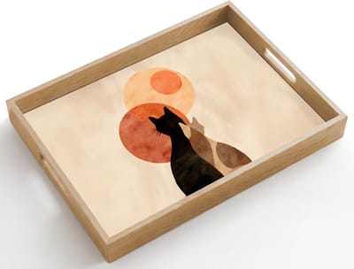 Dienblad hout 50x35 cm - Schootdienblad - Katten - Zwart - Abstract - Cirkels - Borrelplank rechthoek - Plateau dienbladen
