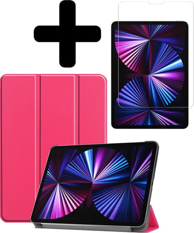 Hoesje - Geschikt voor Apple iPad Pro (2021) - 11 inch - 3e generatie - Met Screenprotector - Hardcover Book Case - Trifold Bookcase Hoes - Hard Cover - Tablethoes - Donkerroze