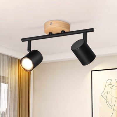 NETTLIFE Opbouwspot - Hout - zwart - rond - 2-lichts - GU10 Fitting - draaibar Plafondspot - Hoogwaardig Design - Metaal - Max.25W - Vintage Plafondlamp - voor Hal | Woonkamer | Keuken - Zonder Lichtborn - L 28.5cm