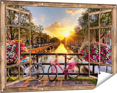 Gards Tuinposter Doorkijk Amsterdamse Brug met Zonsopgang - 120x80 cm - Tuindoek - Tuindecoratie - Wanddecoratie buiten - Tuinschilderij