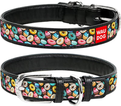WAUDOG Donuts Halsband / Hondenhalsband - Echt Leder - Zwart - Full Colour Print - Breedte: 15 mm - Nekomtrek: 27 - 36 cm (GELIEVE ALVORENS BESTELLEN OPMETEN)