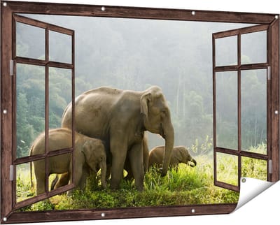 Gards Tuinposter Doorkijk Olifanten Familie in de Jungle - Olifant - 150x100 cm - Tuindoek - Tuindecoratie - Wanddecoratie buiten - Tuinschilderij