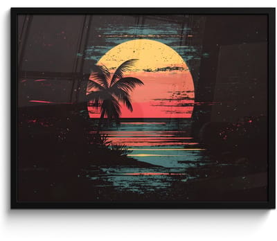 Poster in lijst - Fotolijst 70x50 cm - Posters - Strand - Minimalistisch - Zon - Oranje - Posterlijst zwart - Decoratie - Wanddecoratie woonkamer - Muurdecoratie slaapkamer