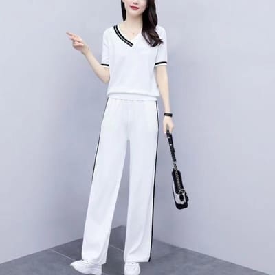 Nieuw Zomers Casual Sportpak Dames Slim en Modieus Wijde Pijpen Broek Student Tweedeelig Pak 4XL wit