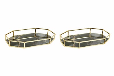 Ostaria Kaarsenplateau - 2x - decoratie dienblad - zwart/goud - metaal - 27 x 16 cm