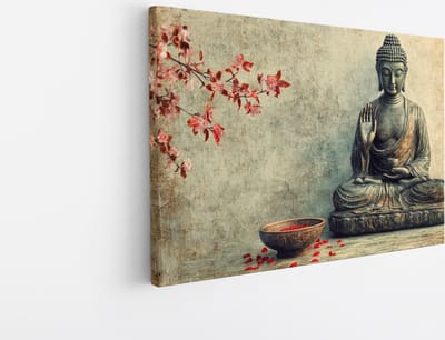 Saammp Canvas Schilderij - Boeddha met herfst bladeren - 45x30 - Foto op canvas - Wanddecoratie - Muurdecoratie Woonkamer - Canvas schilderijen