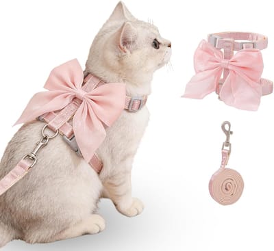 Ulisem - Kattentuigje met Strikje - Roze Kattentuigje en Riem Set met Strikje - Ontsnappingsbestendig - Verstelbaar Kattentuigje met Riem - voor Buiten Uitlaten - Zacht Lichtgewicht Tuigje voor Kleine Honden, Katten en Konijnen - S