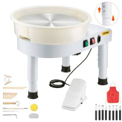 VEVOR pottenbakkerswiel 450 W, 35 cm draaiplateau, kleimachine met snelheidsregeling 60–300 RPM via voetpedaal, verwijderbare kom, verstelbare voet, keramische kleimachine voor doe-het-zelfprojecten, wit