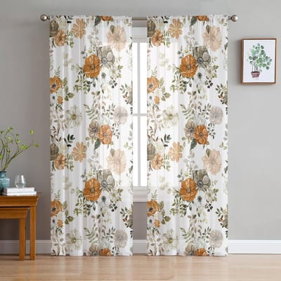 Herfstbloemen Eucalyptusbladeren Witte Pompoen Transparante Gordijnen Slaapkamer Woonkamer Voile Raamgordijnen Tule Gordijnen Kinderkamer 135W x 114H(cm) white
