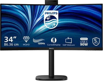 Philips 34B2U3600CH - 34 inch Ultrawide Curved QHD Business Monitor - USB-C 90W - RJ45 - Webcam - 120Hz - 5 jaar garantie