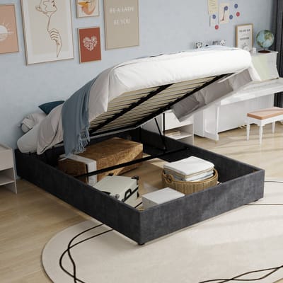 MODFU Bedframe 160x200 cm – stof en metaal grijs – modern met gaslift opbergruimte – hoofdbord apart