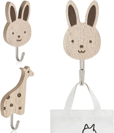 Schattige Houten Dieren Wandhaken - Zelfklevende Kapstokken voor Kinderen, Babykamers en Badkamers - Decoratieve Haken in Konijn- en Giraffenvorm