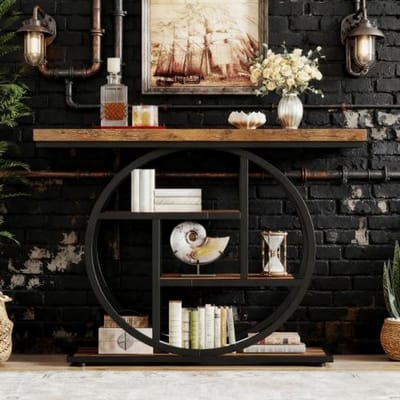 FloraGrace Consoletafel - Industrieel Design Met Gebogen Blad - Voor Hal En Woonkamer - Metaal En Houtlook - 100 x 29,5 cm
