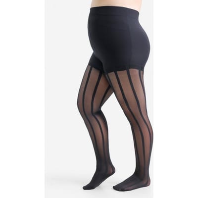 Collants Jacquard à Rayures Verticales Grande Taille  Bas Sexy Transparent  Bandeau Gainant à l'Entrejambe Collants 4XL 2XL black