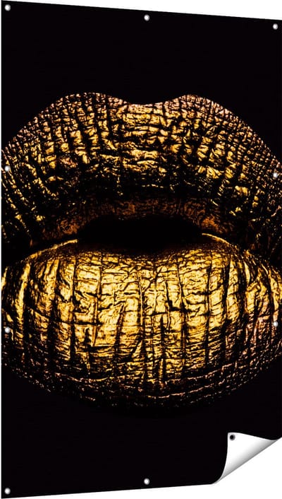 Gards Tuinposter Gouden Lippen - 100x150 cm - Tuindoek - Tuindecoratie - Wanddecoratie buiten - Tuinschilderij