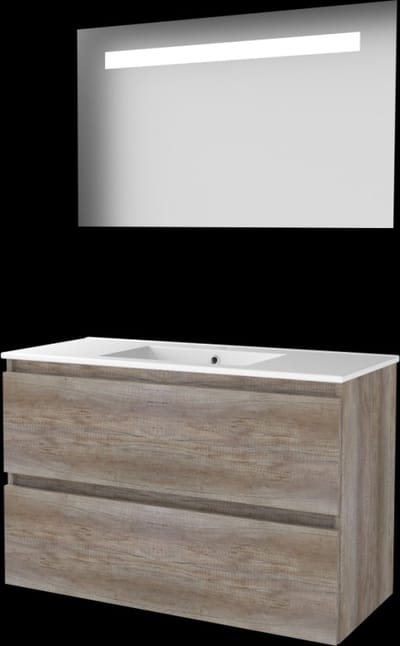 Basic-Line Economic 46 Badkamermeubelset - 100 x 46 cm - Greeploos - 2 Lades - Keramische Wastafel - 1 Kraangat - Spiegel met LED Verlichting - Scotch Oak