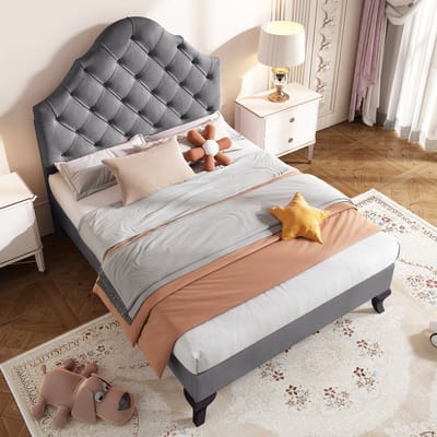 SINGULARITY-Gestoffeerd bed 90 x 200 met lattenbodem en hoofdbord- gestoffeerd bed met in hoogte verstelbaar hoofdbord- fluweel- grijs- zonder matras
