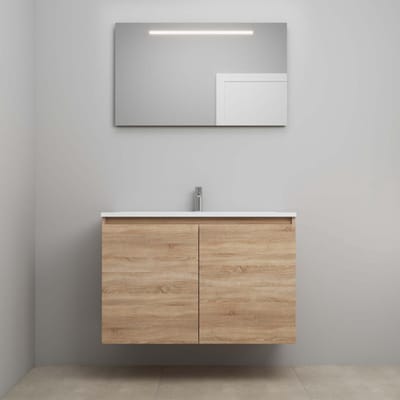 On-Line Badkamermeubelset - 100 cm - Bouwpakket - Greeploos 2 Deuren - Acryl Wastafel - 1 Kraangat - Spiegel met LED-Verlichting - Eiken