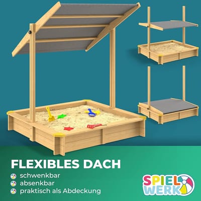 Zandbak met kantelbare luifel 120x120x120 cm - Vurenhout met UV-bescherming en afgeronde hoeken
