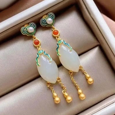 Natuurlijke Hetian Jade Emaille Porseleinen Oorbellen Chinese Retro Hofstijl Unieke Oude Gouden Bedel Dames Sieraden gray
