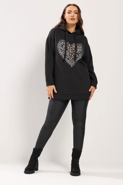 Yours Zwarte Hoodie Met Luipaardprint, Hart En Pailletten Size 48