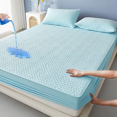 Matrashoes + 2 kussenslopen, TPU-laag voor waterdicht en ademend gebruik, geschikt voor matrassen tot 28 cm dik,Bloem—Lichtblauw,200*200cm+kussensloop 48*74cm