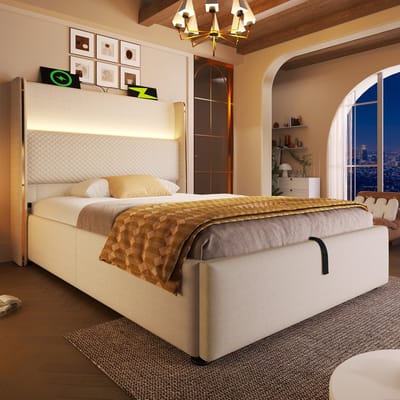 Eenpersoonsbed 90x200cm - met hoge rugleuning - LED-verlichting - opbergruimte en USB/Type-C-poorten - beige - zonder matras